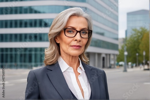 Successsful senior businesswoman wearing glasses standing against city office view with copy space.