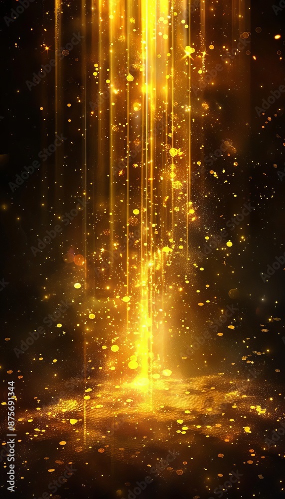 Fototapeta premium Abstract golden light beams and particles falling in dark background, creating a magical, ethereal scene. Perfect for use in festive designs.