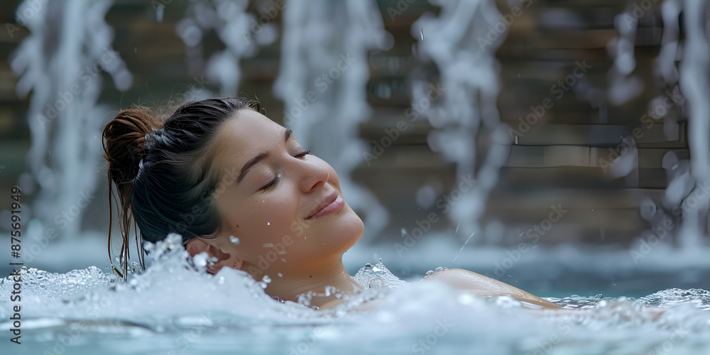 Obraz premium Rejuvenating Hydrotherapy Woman Relaxing Under a Waterfall Spa Bliss Refreshing Hydrotherapy Experience with Waterfall