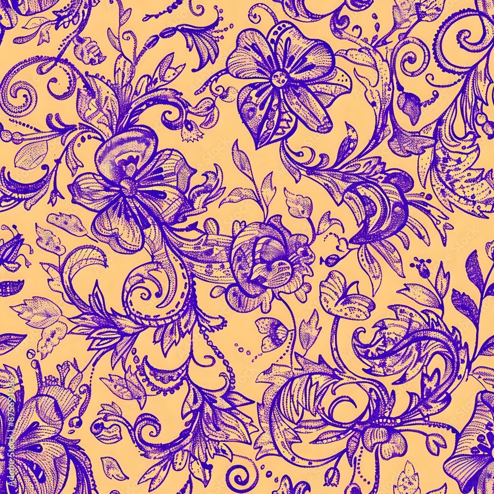 Fototapeta premium Detailed Orange and Purple Floral Seamless Pattern for Home Decor