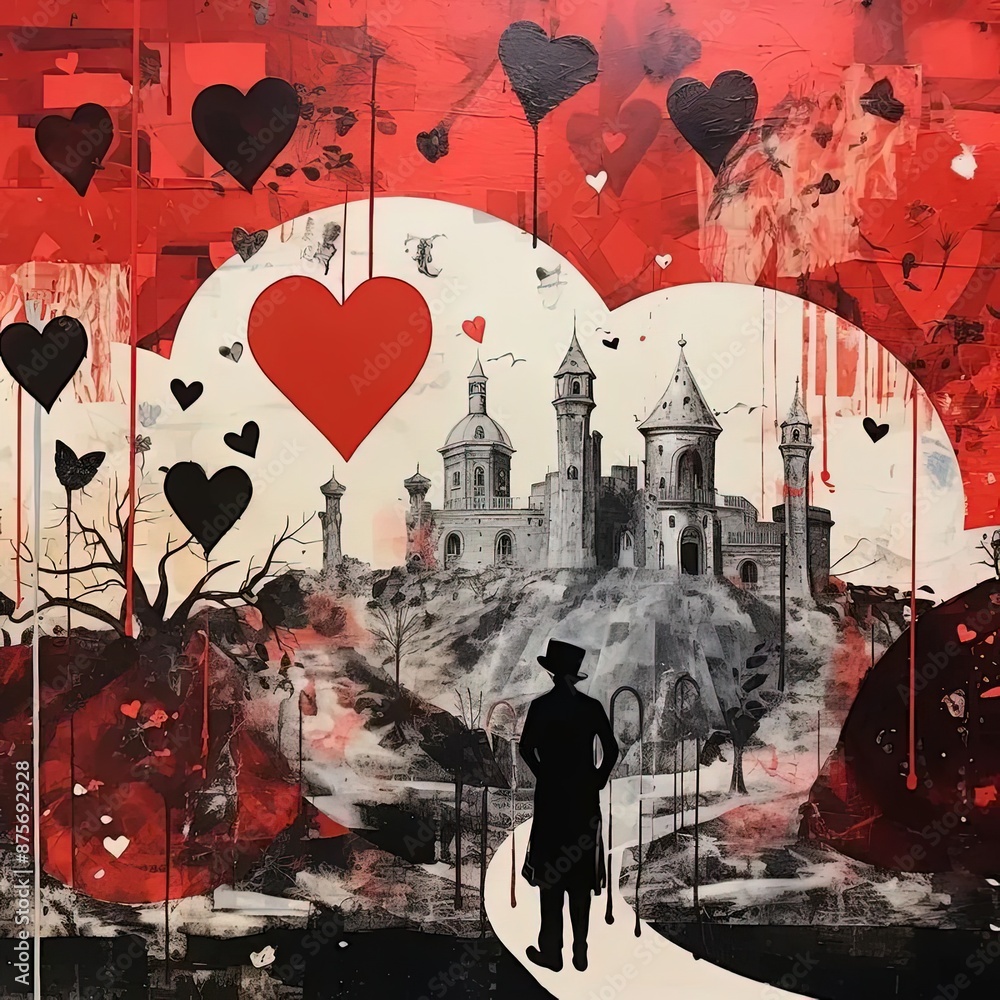 Fototapeta premium a painting of a man standing in front of a castle