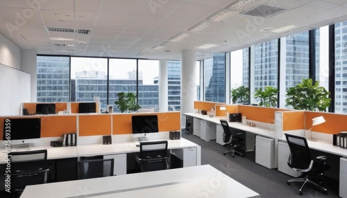 and indoor space design reservation work office communication lobby counter station modern ai reception desk table row conference unit entrance generative office interior working daytime office
