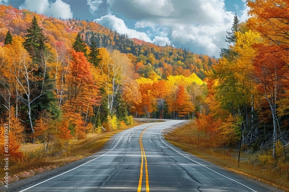 Fototapeta premium Autumn road trip. Highway in beautiful autumn landscape