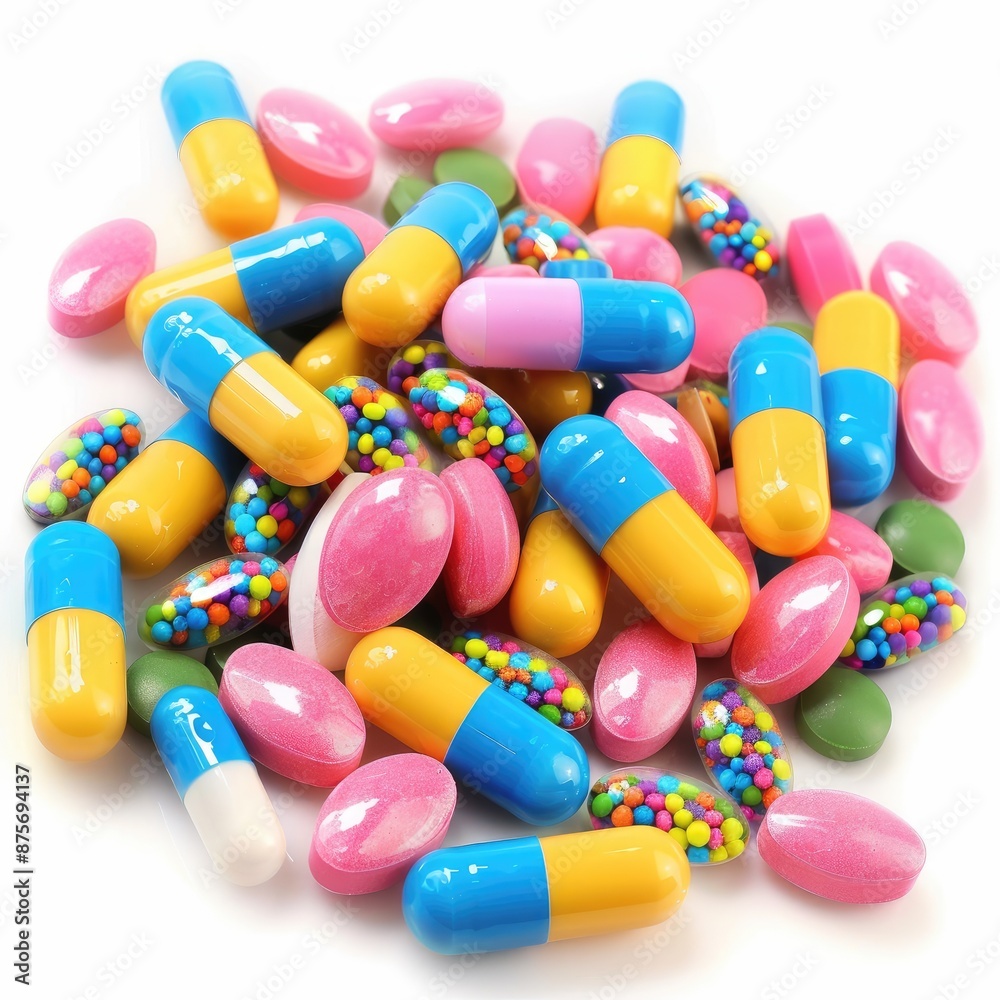 a bunch of colorful pills that are on a white background a bunch of colorful pills that are on a white background