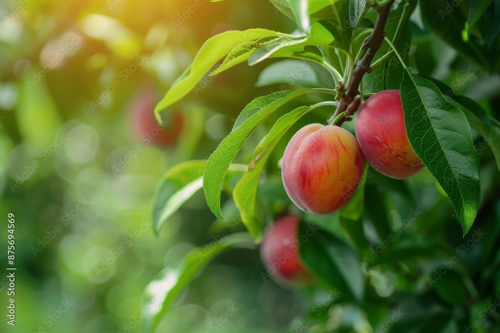 Ripe Peaches Hanging on a Branch in a Lush Orchard Ripe Peaches Hanging on a Branch in a Lush Orchard