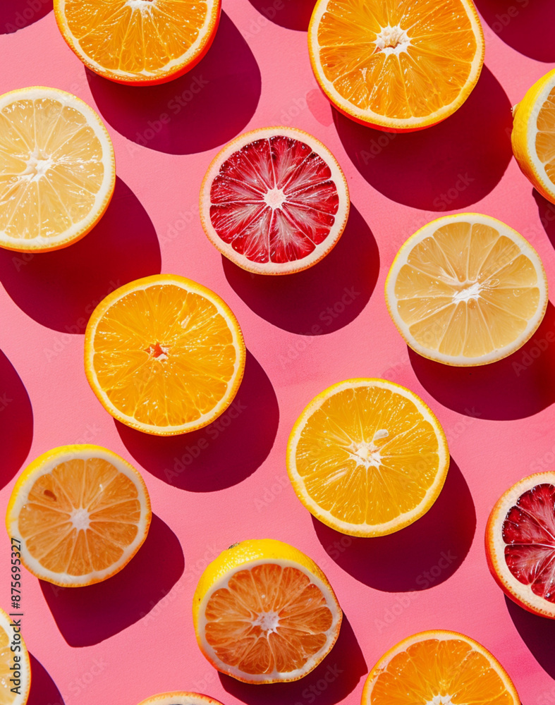 photo of vibrant citrus fruits against a pink background, featuring oranges, lemons, limes, and grapefruits arranged in neat rows, with the center focus on one large red orange. photo of vibrant citrus fruits against a pink background, featuring oranges, lemons, limes, and grapefruits arranged in neat rows, with the center focus on one large red orange.