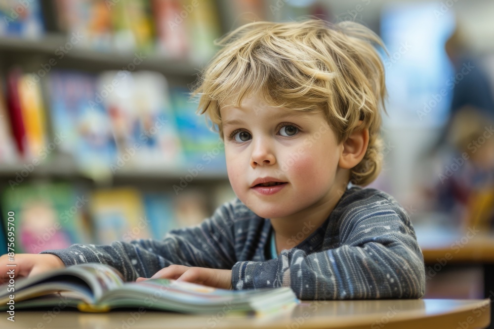 Young Boy Reading in a Library Setting Young Boy Reading in a Library Setting