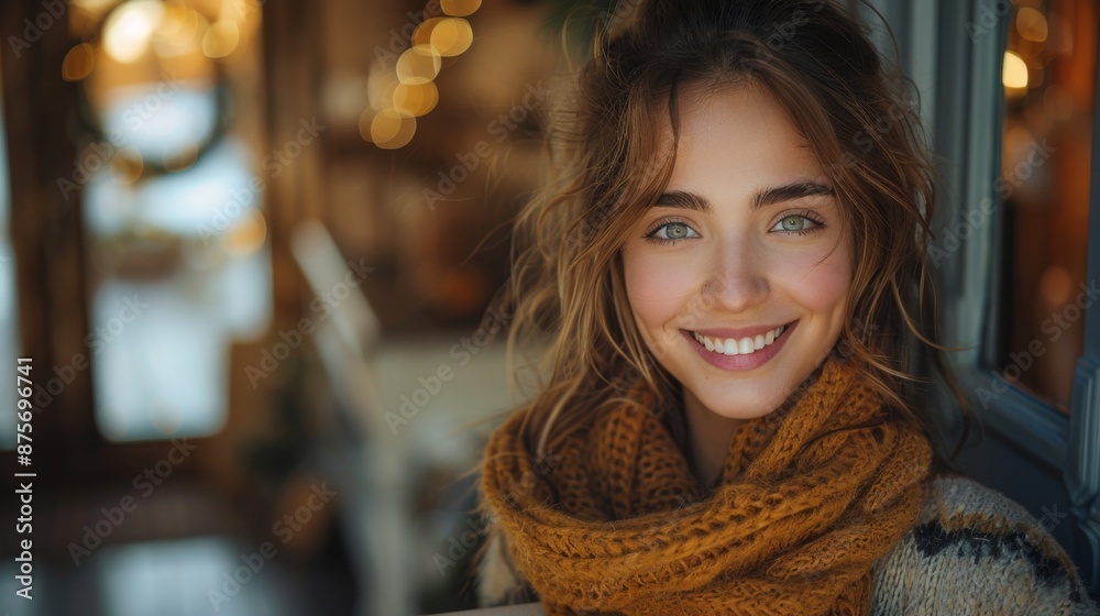 Smiling Woman with Scarf in Cozy Indoor Setting - Generative AI Smiling Woman with Scarf in Cozy Indoor Setting - Generative AI