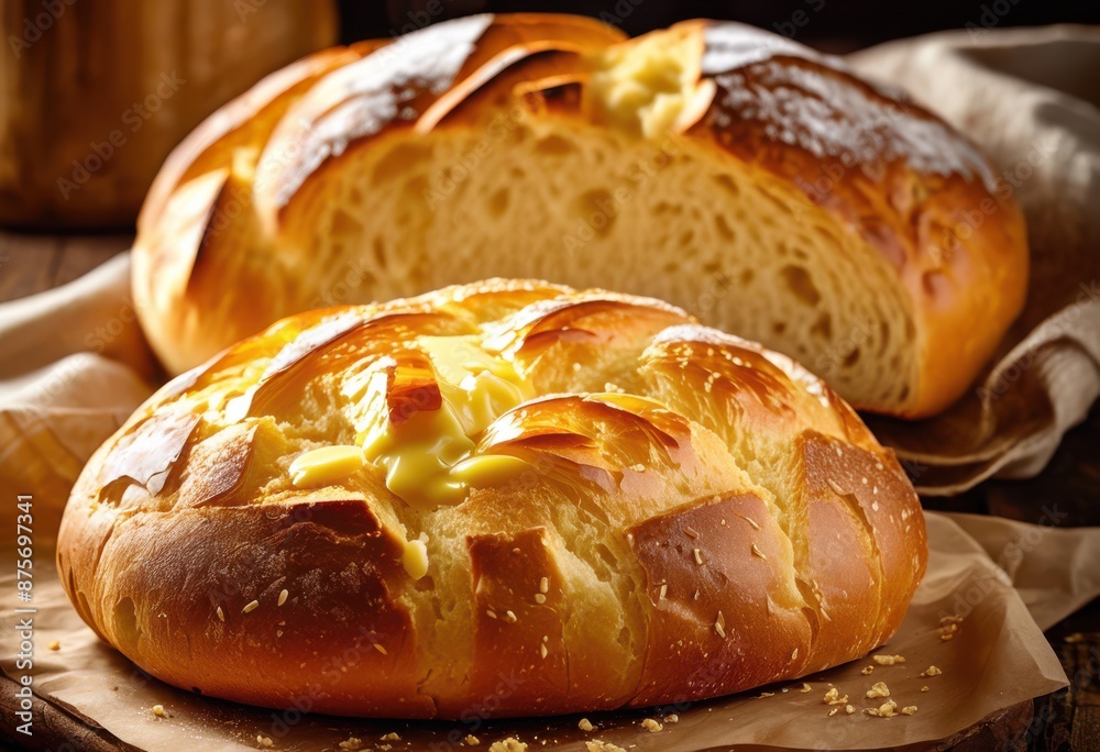 golden crust freshly baked bread melting butter top, delicious, homemade, snack, breakfast, bakery, tasty, warm, meal, artisan, sliced, appetizing, spread golden crust freshly baked bread melting butter top, delicious, homemade, snack, breakfast, bakery, tasty, warm, meal, artisan, sliced, appetizing, spread
