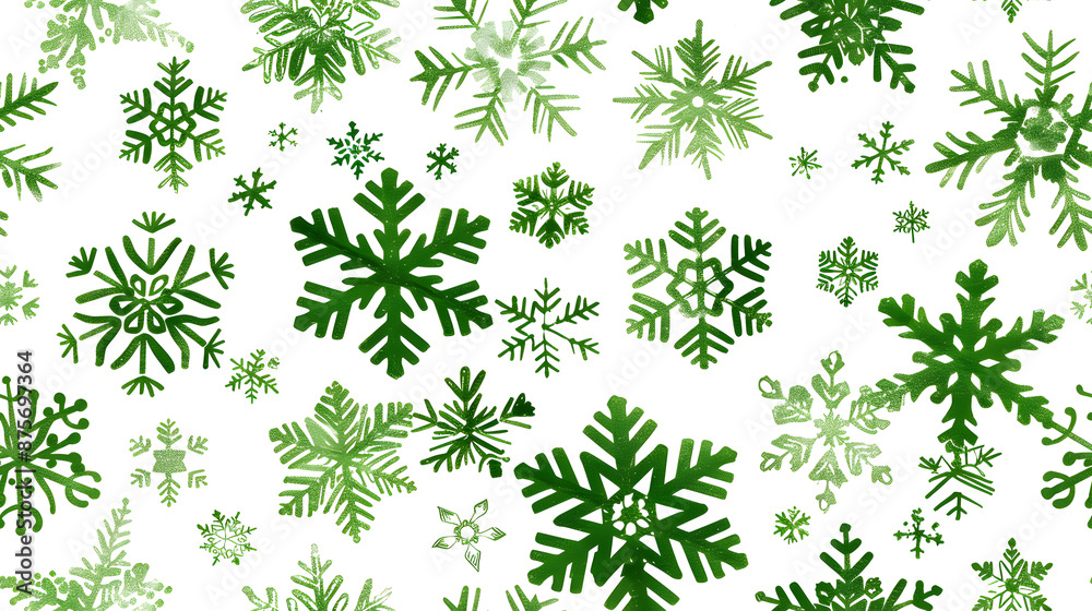 A seamless pattern featuring green snowflakes of various sizes on a white background. Ideal for festive holiday designs, wrapping paper, and seasonal projects. A seamless pattern featuring green snowflakes of various sizes on a white background. Ideal for festive holiday designs, wrapping paper, and seasonal projects.