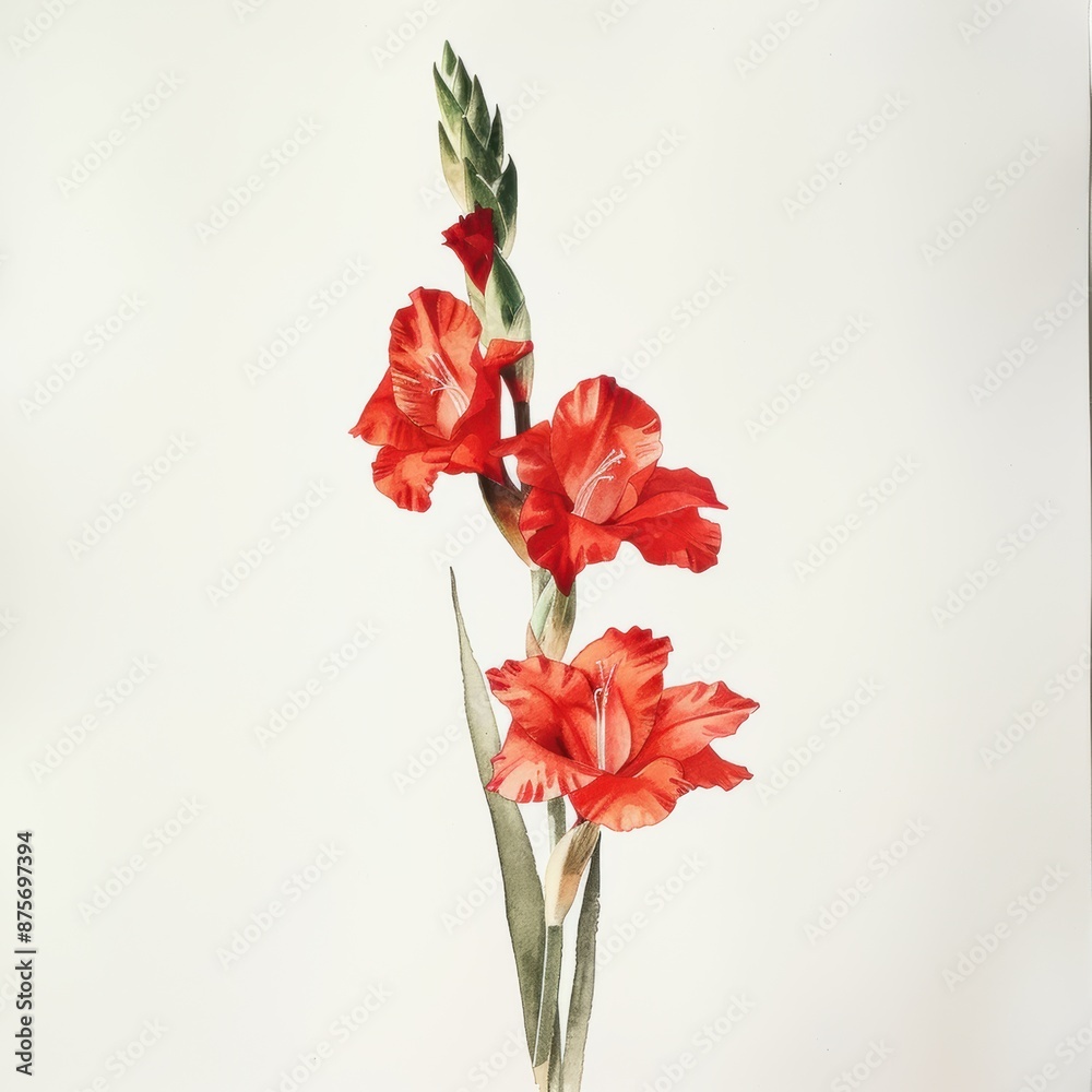 Watercolor painting of a red gladiolus against a white background Watercolor painting of a red gladiolus against a white background