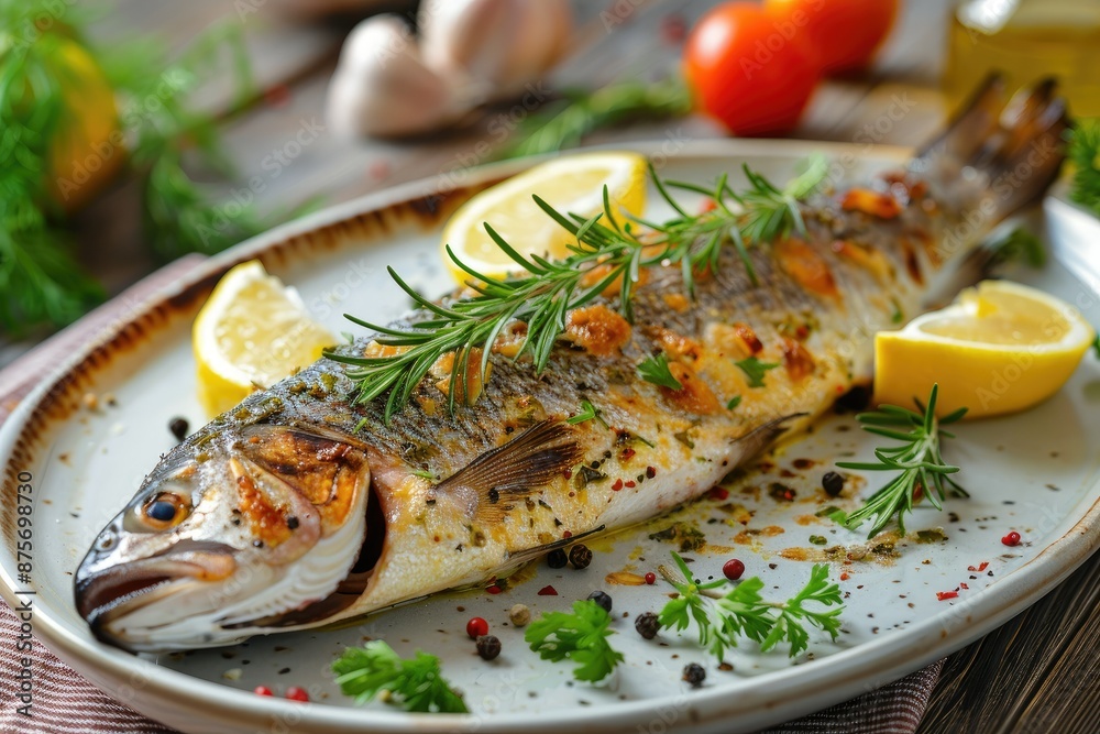 Delicious Grilled Fish with Fresh Herbs, Lemon Slices, and Spices on a Ceramic Plate Delicious Grilled Fish with Fresh Herbs, Lemon Slices, and Spices on a Ceramic Plate