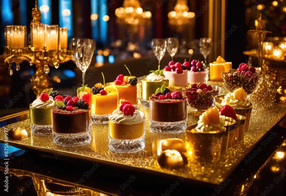 luxurious dessert shots surrounded glittering chandeliers, fancy, stylish, posh, classy, upscale, decadent, exquisite, lavish, ornate, opulent luxurious dessert shots surrounded glittering chandeliers, fancy, stylish, posh, classy, upscale, decadent, exquisite, lavish, ornate, opulent