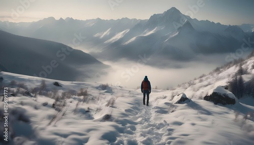 A trekker on the way in winter mountain landscape. 