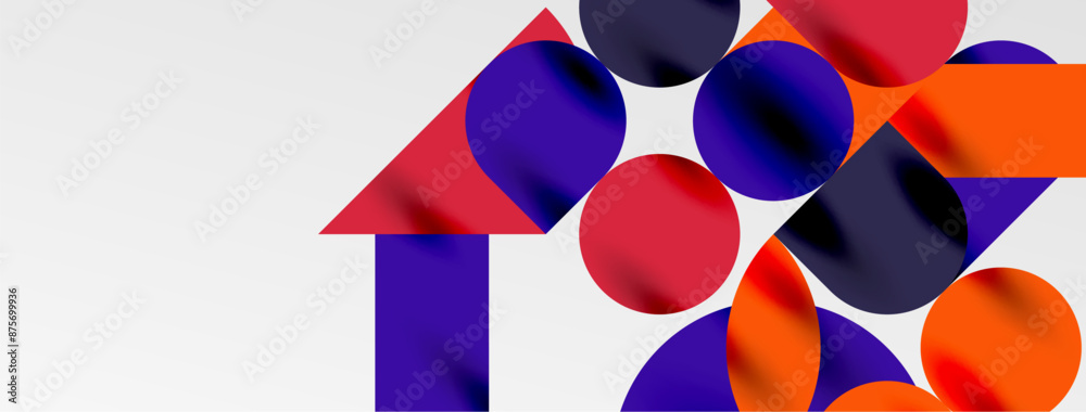 Mosaic geometric elements. Colorful circles, round geometric shapes and lines with shadow 3d effects. Simple forms abstract background for wallpaper, banner, template or landing Mosaic geometric elements. Colorful circles, round geometric shapes and lines with shadow 3d effects. Simple forms abstract background for wallpaper, banner, template or landing