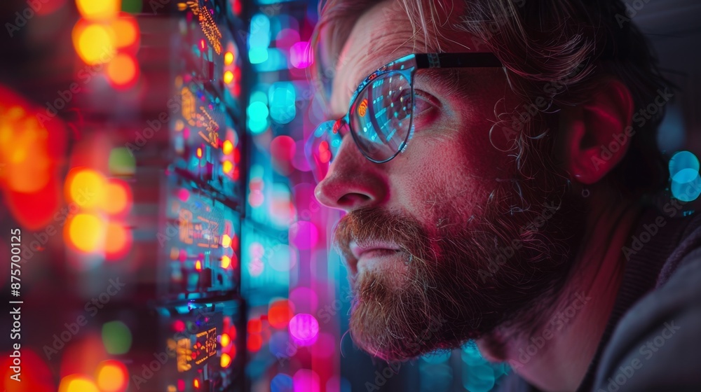Man Inspecting Server Lights - Generative AI Man Inspecting Server Lights - Generative AI