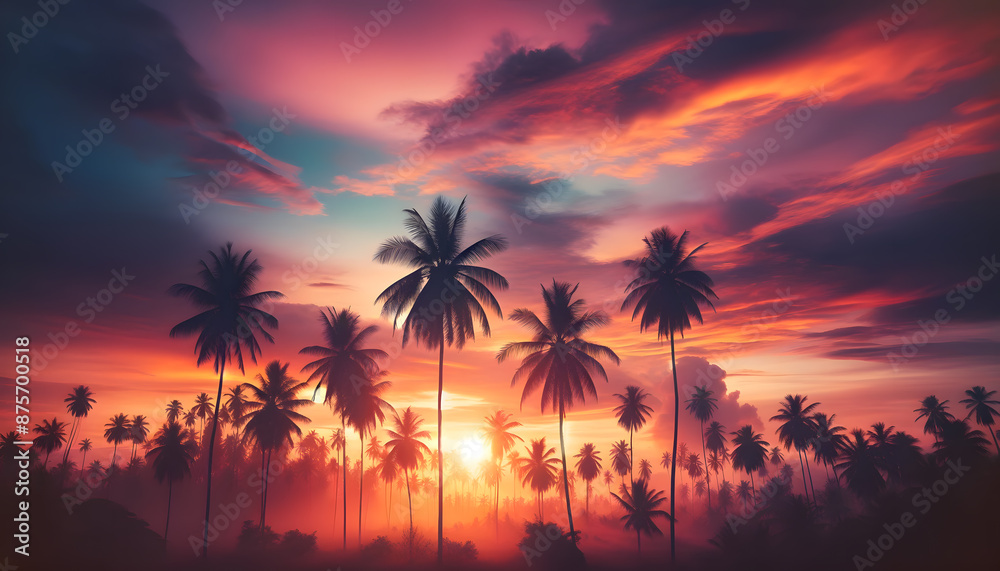 Tropical Paradise: Palm Trees Silhouetted Against a Vibrant, Colorful Sunset Tropical Paradise: Palm Trees Silhouetted Against a Vibrant, Colorful Sunset