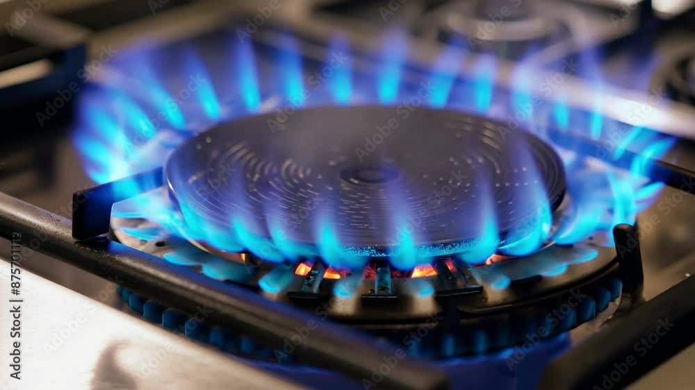 Kitchen gas cooker featuring a large flame of blue propane Kitchen gas cooker featuring a large flame of blue propane