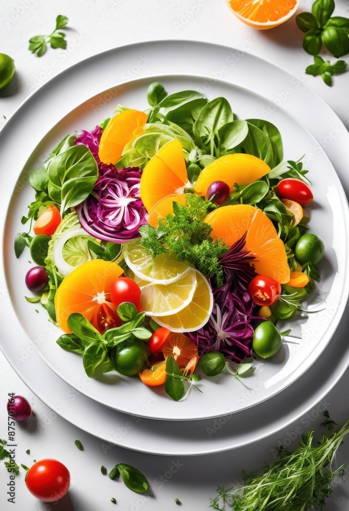 vibrant salad garnished fresh colorful citrus slices white plate, herbs, vegetables, food, healthy, decoration, culinary, greens, organic, appetizing, cuisine vibrant salad garnished fresh colorful citrus slices white plate, herbs, vegetables, food, healthy, decoration, culinary, greens, organic, appetizing, cuisine