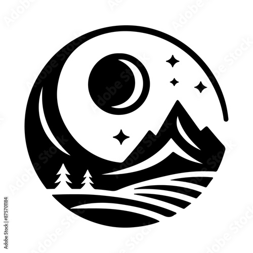 black and white illustration  mountain and moon under a circle 