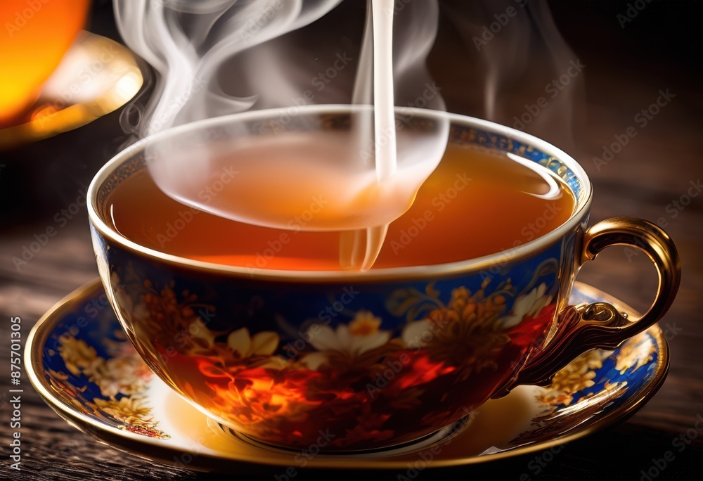 steaming hot tea pouring into refreshing beverage concept, cup, drink, refreshment, liquid, warm, flow, ceramic, mug, aroma, glass, teapot, kettle, herbal