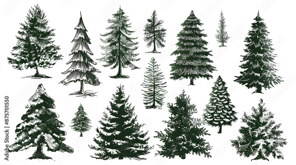 Fototapeta premium Detailed black and white illustrations of different evergreen trees showcasing their unique shapes and textures.