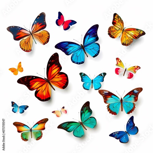 Colorful butterflies flying on white background, AI Generated © Toseef