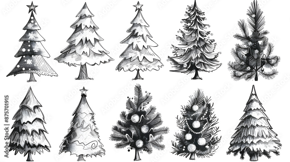 Obraz premium Artistic black and white illustration of various Christmas trees, some decorated with ornaments, capturing a festive holiday spirit.