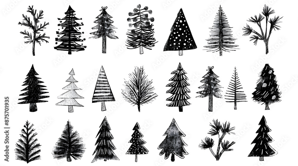 Obraz premium Diverse black and white illustrations of Christmas trees in various shapes and designs, showcasing festive and artistic elements.