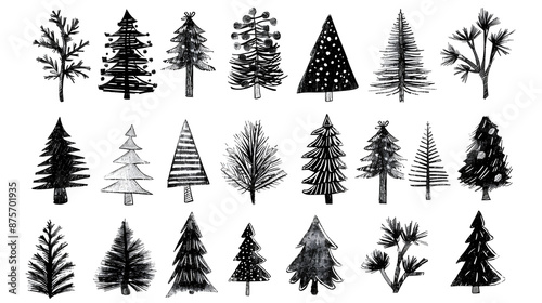 Diverse black and white illustrations of Christmas trees in various shapes and designs, showcasing festive and artistic elements.
