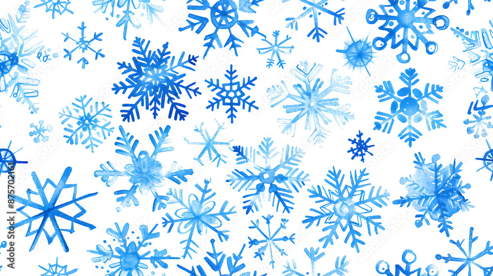 A lively pattern of various blue snowflakes in different shapes and sizes, set against a white background, perfectly capturing the winter season. A lively pattern of various blue snowflakes in different shapes and sizes, set against a white background, perfectly capturing the winter season.