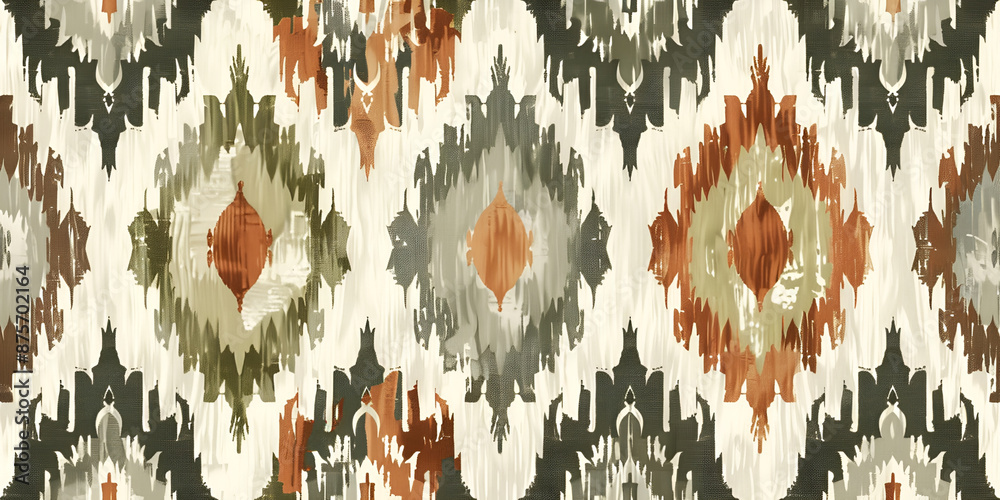 Generate a classic ikat pattern influenced by Indian craftsmanship. Use earthy tones like terracotta, olive green, and mustard yellow. The pattern should include traditional diamond shapes Generate a classic ikat pattern influenced by Indian craftsmanship. Use earthy tones like terracotta, olive green, and mustard yellow. The pattern should include traditional diamond shapes
