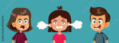 Group of Little Angry Kids Feeling Infuriated Vector Cartoon Illustration. Upset kids fighting with each out shouting loudly 

