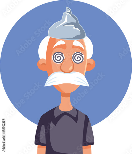 Funny Elderly Man Believing Conspiracy Theory Vector Character. bGrandpa being credulous trying to protect himself with tinfoil hat 
