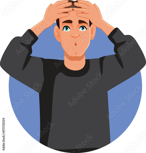 Stressed Man Feeling Exasperated with Hands on his Head Vector Character. Overwhelmed guy feeling exasperated and panicky 
