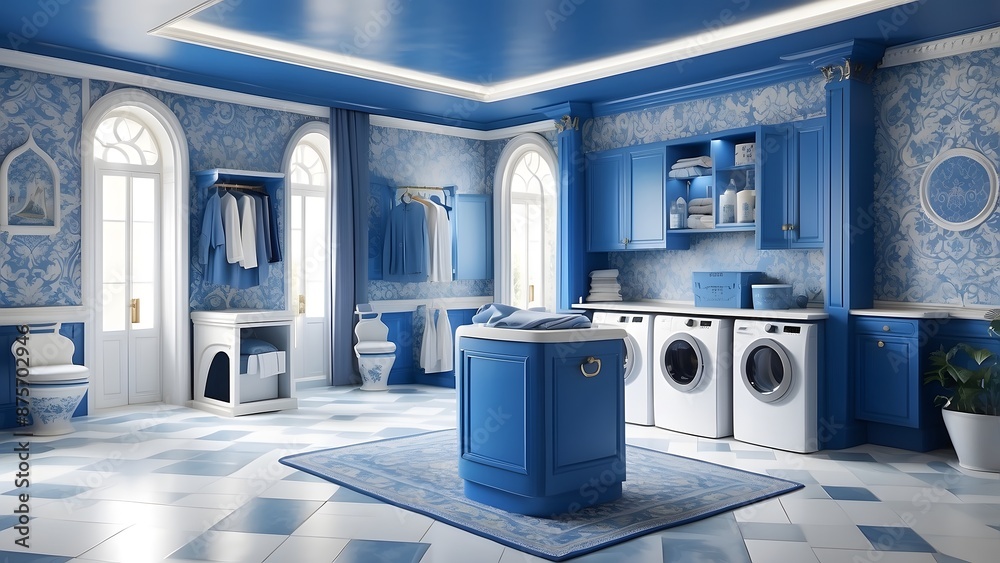 Royal laundry room interior design, blue and white color interior ...