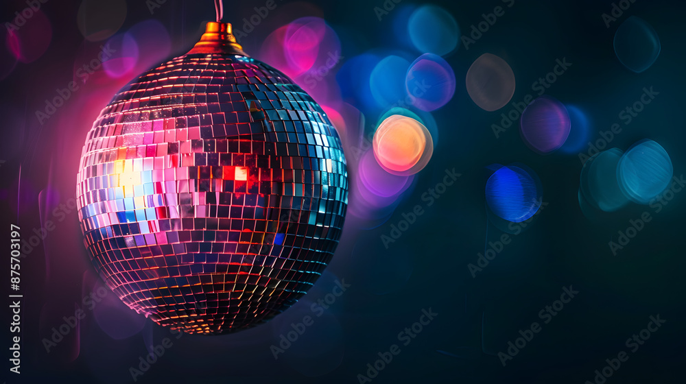 Obraz premium A sparkling disco ball casts colorful reflections in a vibrant and festive atmosphere, embodying the energy and excitement of a dance party.