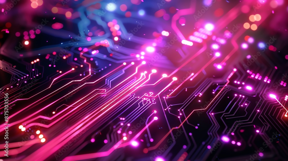 Vibrant close-up of a futuristic circuit board with glowing neon lights, representing advanced technology and innovation. Vibrant close-up of a futuristic circuit board with glowing neon lights, representing advanced technology and innovation.