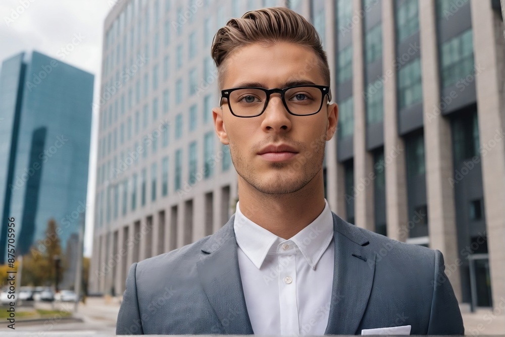 Successful young businessman wearing glasses standing against city office view with copy space. Successful young businessman wearing glasses standing against city office view with copy space.
