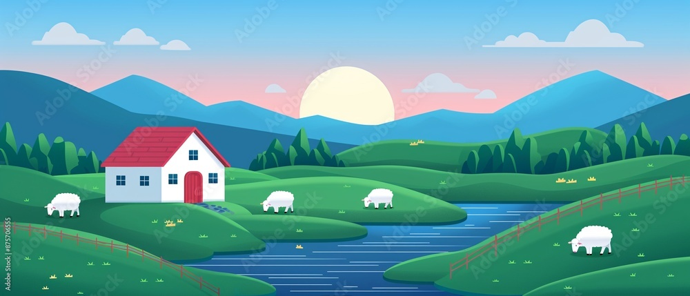Solarpowered livestock waterers, ensuring sustainable hydration, flat design illustration Solarpowered livestock waterers, ensuring sustainable hydration, flat design illustration