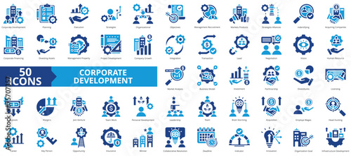 Corporate development icon collection set. Containing planning, execution, strategies, organizational, objectives, management recruitment, markets products icon. Simple flat vector.