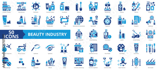 Cosmetic industry icon collection set. Containing manufactures, distributes, cosmetic product, foundation, mascara, skincare, moisturizer icon. Simple flat vector.