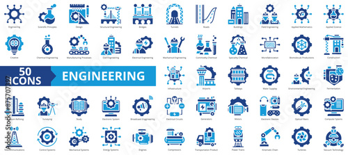Engineering icon collection set. Containing scientific principles, design, structural, bridges, tunnels, roads, buildings icon. Simple flat vector.