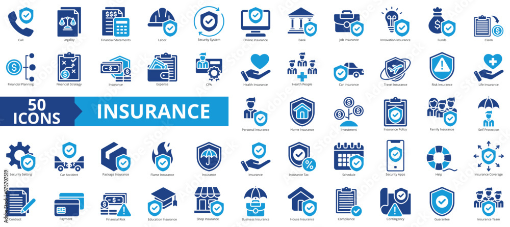 Insurance icon collection set. Containing call, legality, financial statements, labor, security system, online, bank icon. Simple flat vector.