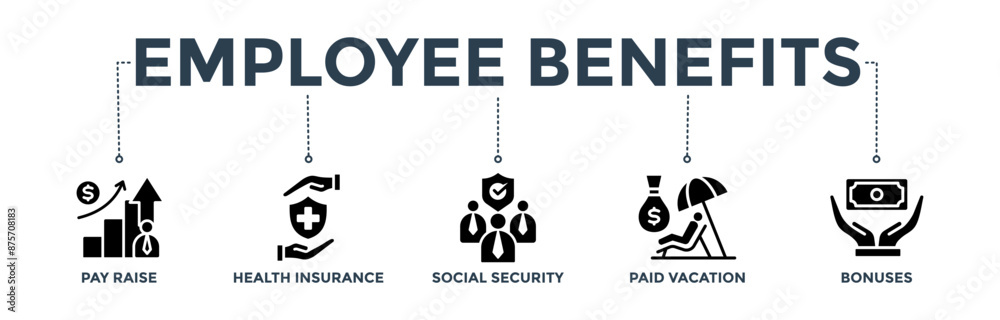 Employee benefits banner concept with icon of pay raise, health insurance, social security, paid vacation, and bonuses
Employee benefits banner concept with icon of pay raise, health insurance, social security, paid vacation, and bonuses