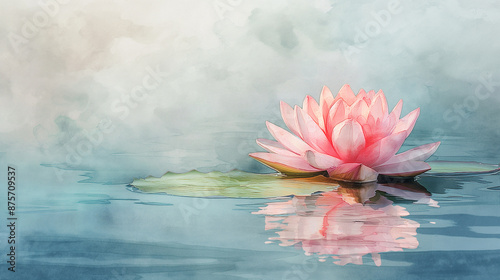 A serene watercolor painting of a soft pink lotus flower, floating on calm water, Generative AI