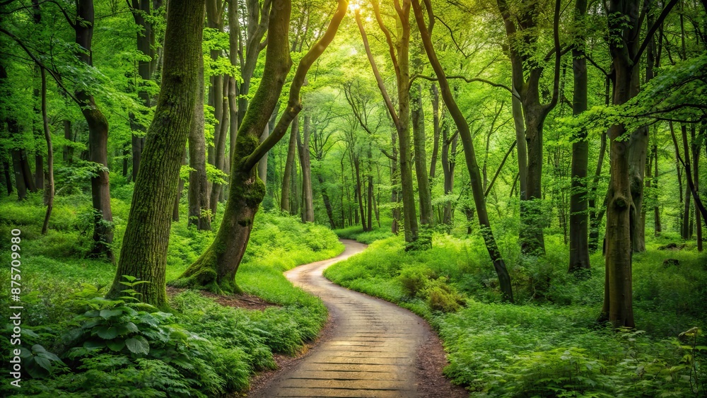 Fototapeta premium A winding path through a lush green forest, Nature, Trees, Path, Walkway, Woods, Outdoor, Scenic, Environment, Greenery