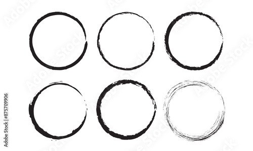 Grunge circles brush set. Black circle frames. Round line of black paint. Grunge round shapes. Circular ink brush stroke fro design elements. Vector illustration.