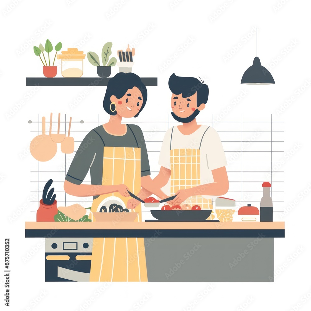 25. **Couple cooking together, kitchen setting, flat design illustration** 25. **Couple cooking together, kitchen setting, flat design illustration**