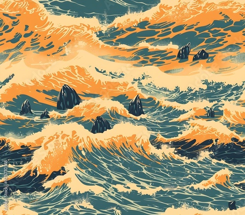 Mesmerizing Ocean Swells Reflecting the Golden Light of Dusk in a Secluded Cove with Rugged Cliffs and Minimalist Ukiyo e Inspired Aesthetic photo